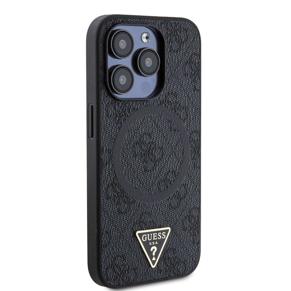 Apple iPhone 15 Pro Kılıf Guess Orjinal Lisanslı M-safe Şarj Özellikli PU Üçgen Logo 4G Desenli Kapak Pembe