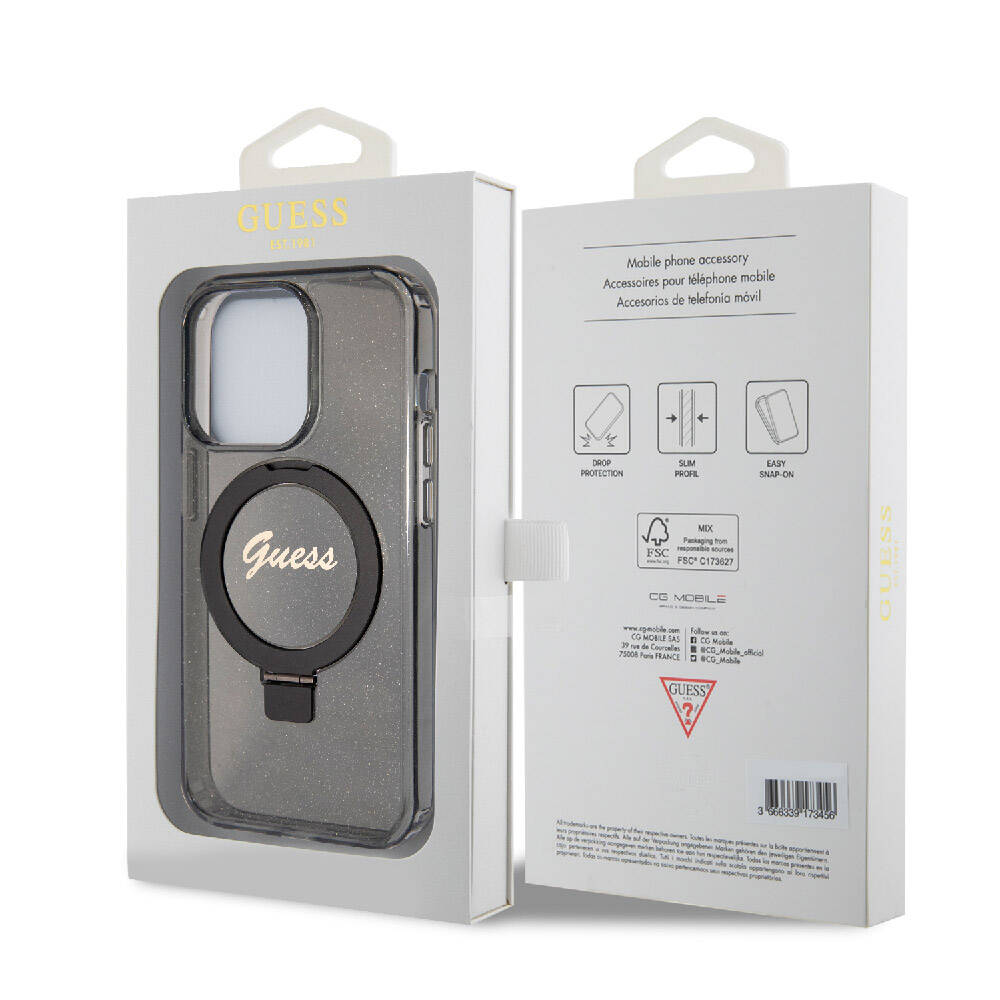 Apple iPhone 15 Pro Kılıf Guess Orjinal Lisanslı M-safe Şarj Özellikli Simli Arka Yüzey Ring Standlı Kapak Pembe