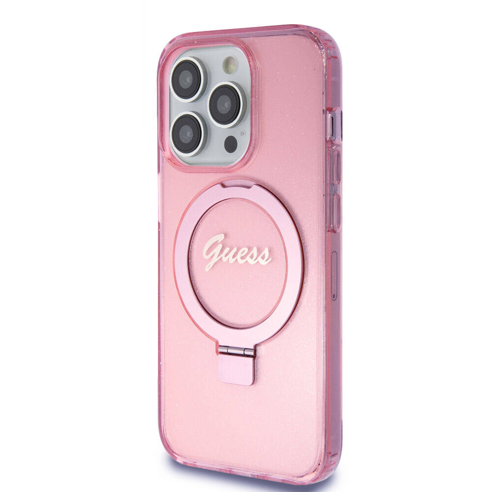 Apple iPhone 15 Pro Kılıf Guess Orjinal Lisanslı M-safe Şarj Özellikli Simli Arka Yüzey Ring Standlı Kapak Mor