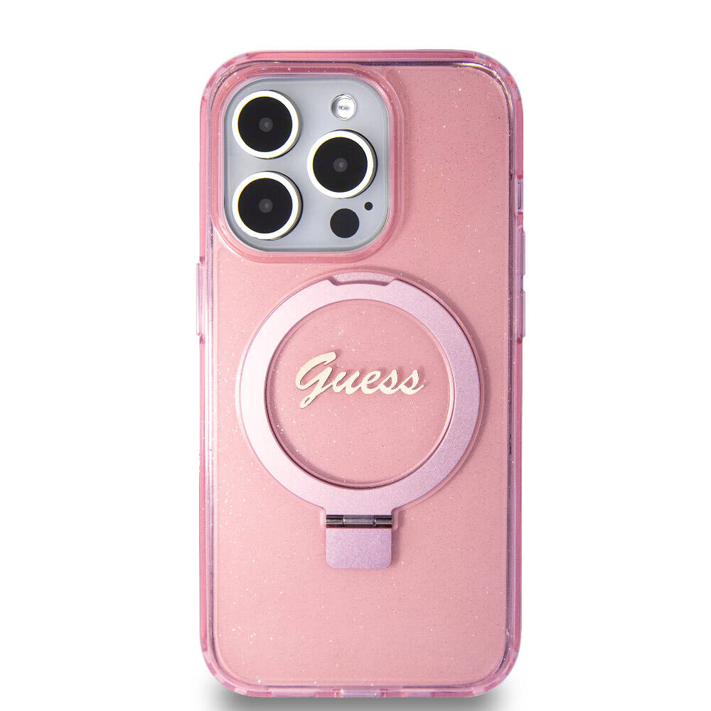 Apple iPhone 15 Pro Kılıf Guess Orjinal Lisanslı M-safe Şarj Özellikli Simli Arka Yüzey Ring Standlı Kapak Renksiz