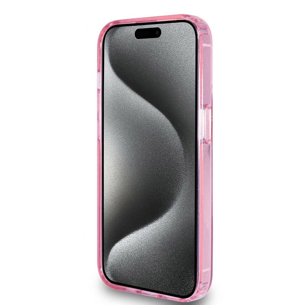 Apple iPhone 15 Pro Kılıf Guess Orjinal Lisanslı M-safe Şarj Özellikli Simli Arka Yüzey Ring Standlı Kapak Mor