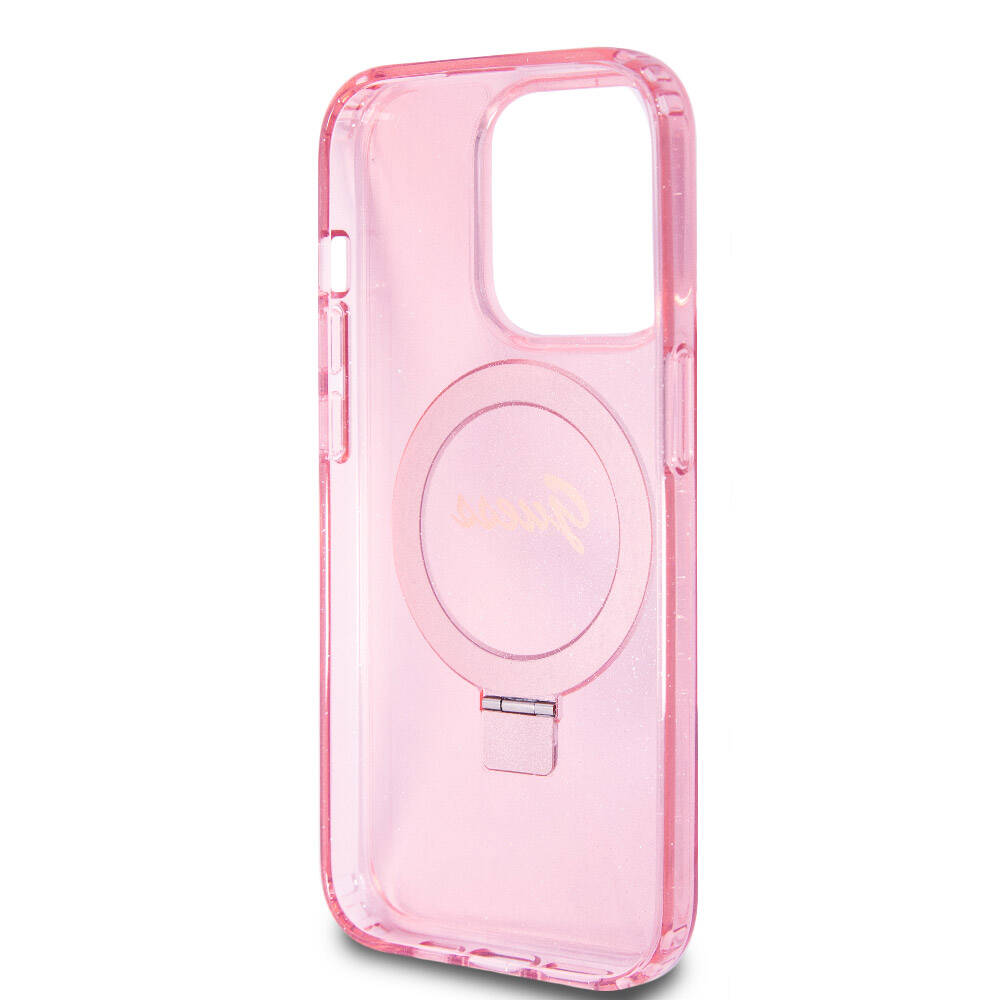 Apple iPhone 15 Pro Kılıf Guess Orjinal Lisanslı M-safe Şarj Özellikli Simli Arka Yüzey Ring Standlı Kapak Renksiz