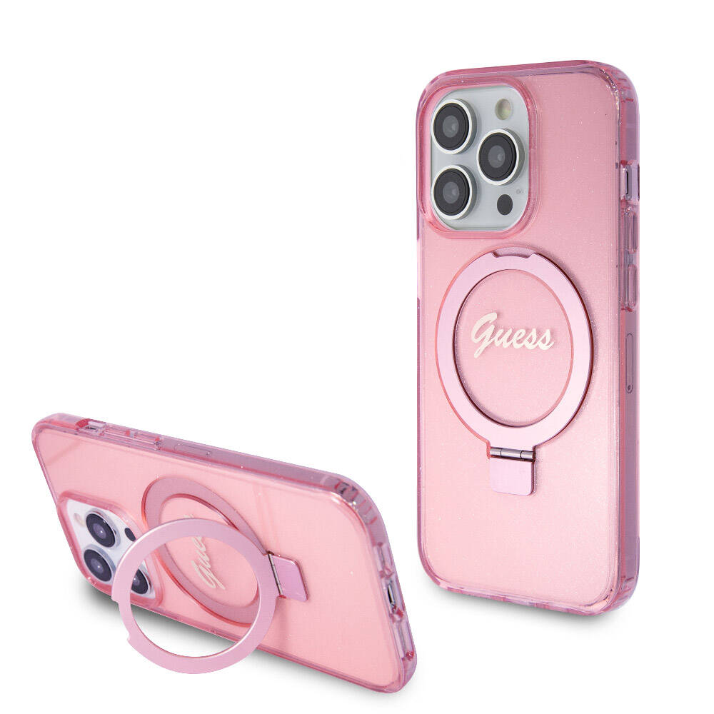 Apple iPhone 15 Pro Kılıf Guess Orjinal Lisanslı M-safe Şarj Özellikli Simli Arka Yüzey Ring Standlı Kapak Pembe