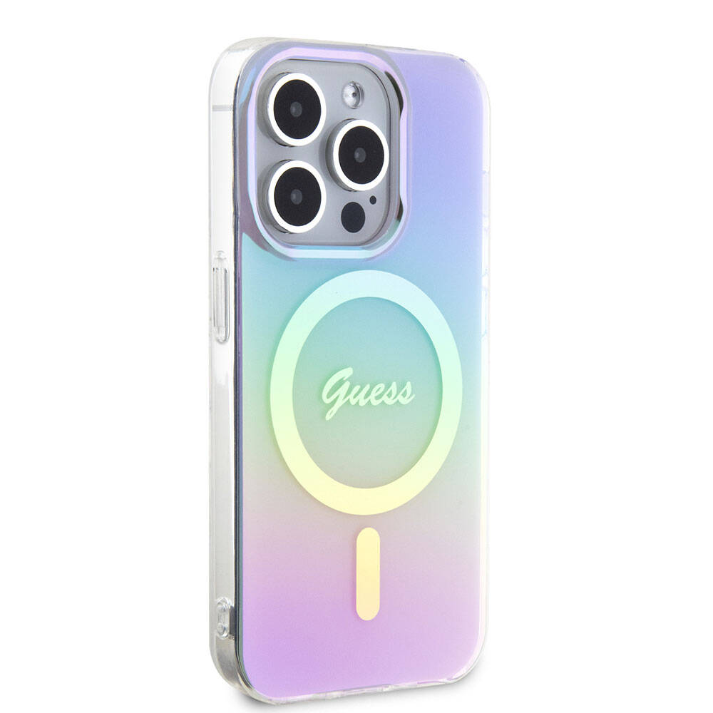 Apple iPhone 15 Pro Kılıf Guess Orjinal Lisanslı M-safe Şarj Özellikli Yazı Logolu Iridescent Kapak Mor