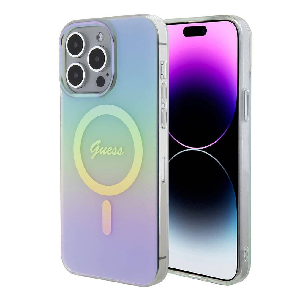 Apple iPhone 15 Pro Kılıf Guess Orjinal Lisanslı M-safe Şarj Özellikli Yazı Logolu Iridescent Kapak Mor