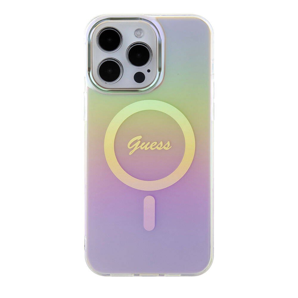 Apple iPhone 15 Pro Kılıf Guess Orjinal Lisanslı M-safe Şarj Özellikli Yazı Logolu Iridescent Kapak Pembe