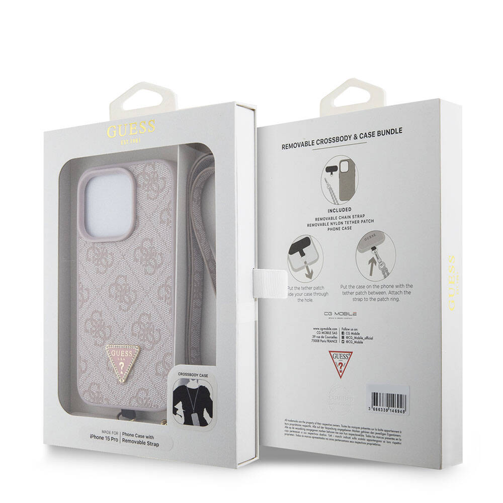 Apple iPhone 15 Pro Kılıf Guess Orjinal Lisanslı PU Deri Askılı Taşlı Üçgen Logo 4G Desenli Strass Crossbody Kapak Siyah