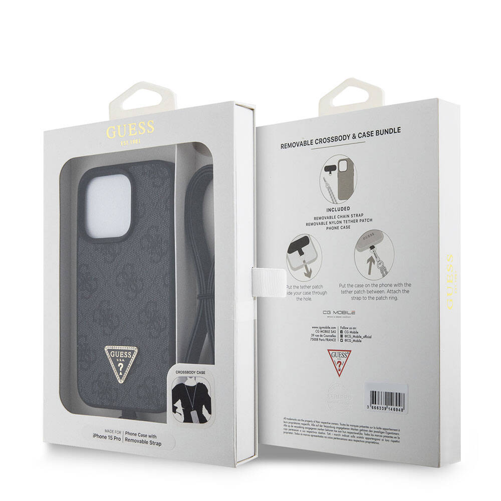 Apple iPhone 15 Pro Kılıf Guess Orjinal Lisanslı PU Deri Askılı Taşlı Üçgen Logo 4G Desenli Strass Crossbody Kapak Pembe