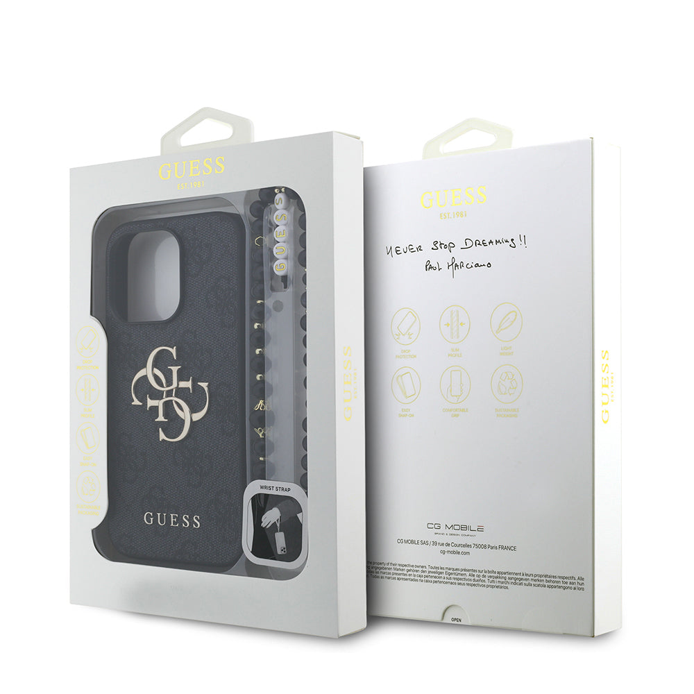 Apple iPhone 15 Pro Kılıf Guess Orjinal Lisanslı PU Deri Bilek Askı İpli Metal Büyük 4G ve Yazı Logolu Kapak Siyah