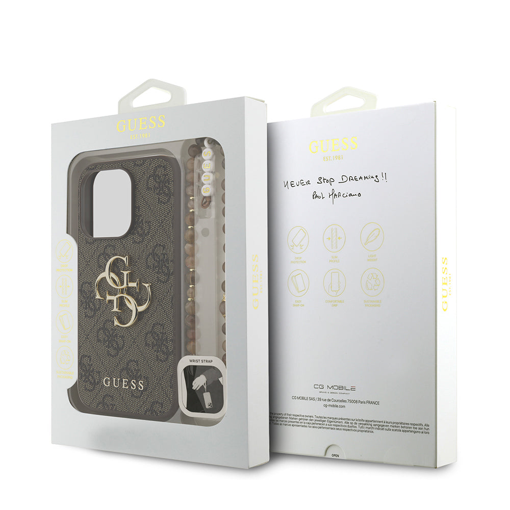 Apple iPhone 15 Pro Kılıf Guess Orjinal Lisanslı PU Deri Bilek Askı İpli Metal Büyük 4G ve Yazı Logolu Kapak Siyah