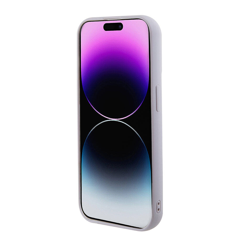 Apple iPhone 15 Pro Kılıf Guess Orjinal Lisanslı PU Deri Metal Yazı Logolu Kapitone Kapak Açık Mor