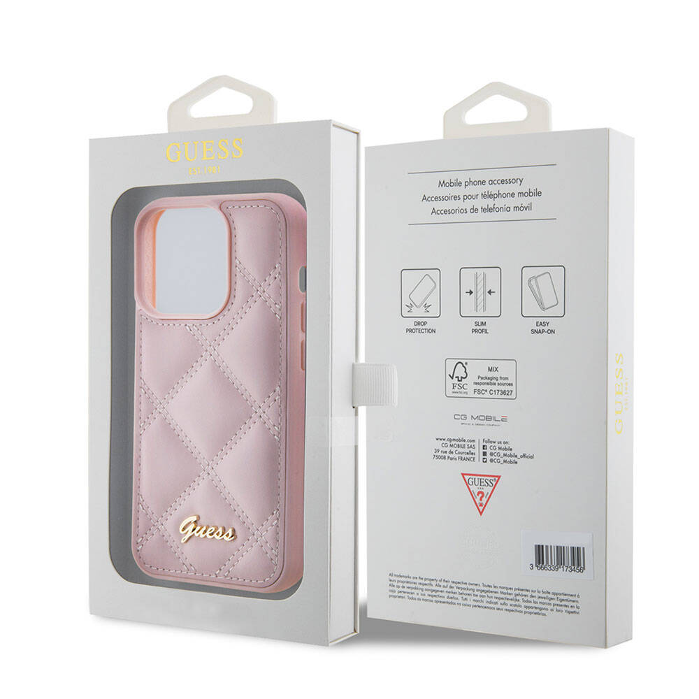 Apple iPhone 15 Pro Kılıf Guess Orjinal Lisanslı PU Deri Metal Yazı Logolu Kapitone Kapak Pembe