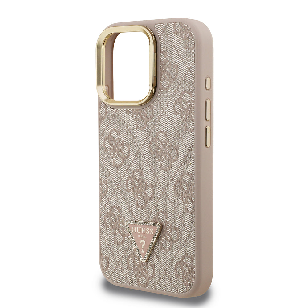 Apple iPhone 15 Pro Kılıf Guess Orjinal Lisanslı PU Deri Taşlı Üçgen Logo 4G Desenli Kamera Standlı Kapak Siyah