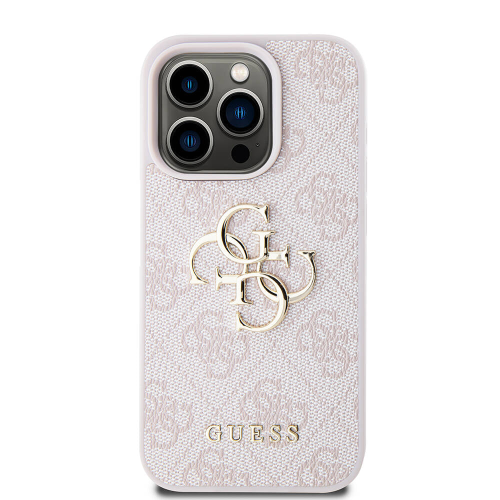Apple iPhone 15 Pro Kılıf Guess Orjinal Lisanslı PU Deri Yazı ve 4G Metal Logolu Desenli Kapak Pembe