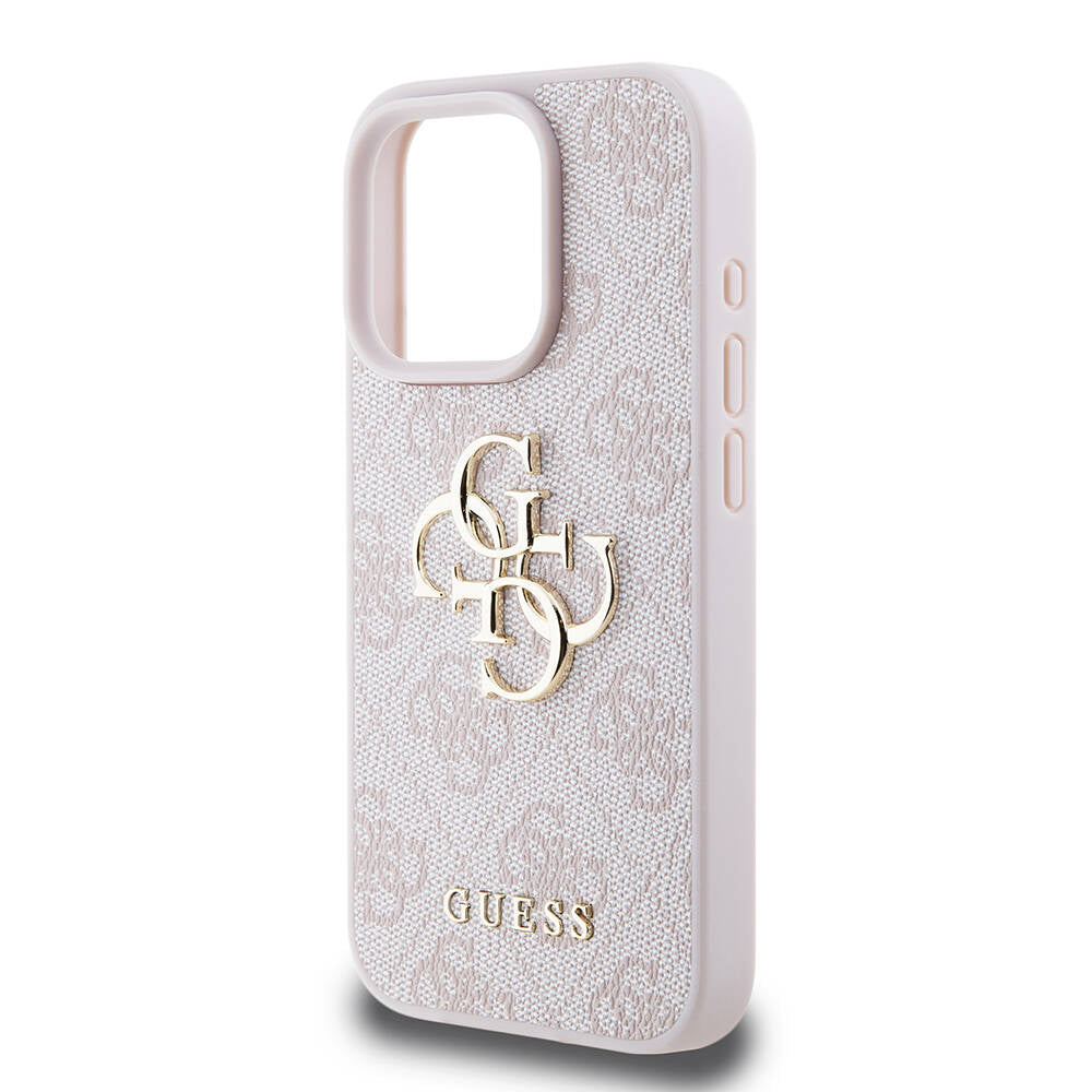 Apple iPhone 15 Pro Kılıf Guess Orjinal Lisanslı PU Deri Yazı ve 4G Metal Logolu Desenli Kapak Kahverengi