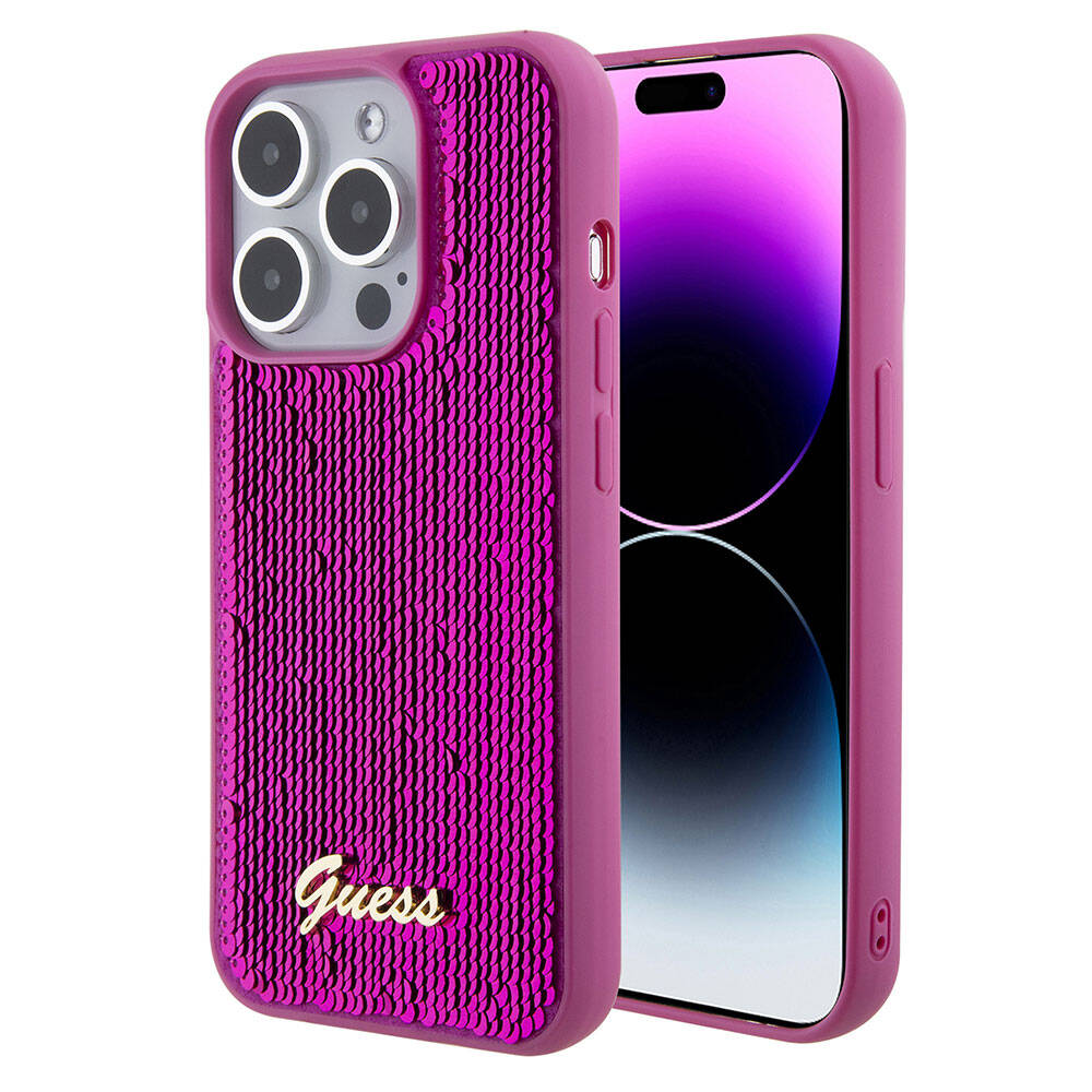 Apple iPhone 15 Pro Kılıf Guess Orjinal Lisanslı Pullu Arka Yüzey Metal Yazı Logolu Sequin Script Kapak Pembe