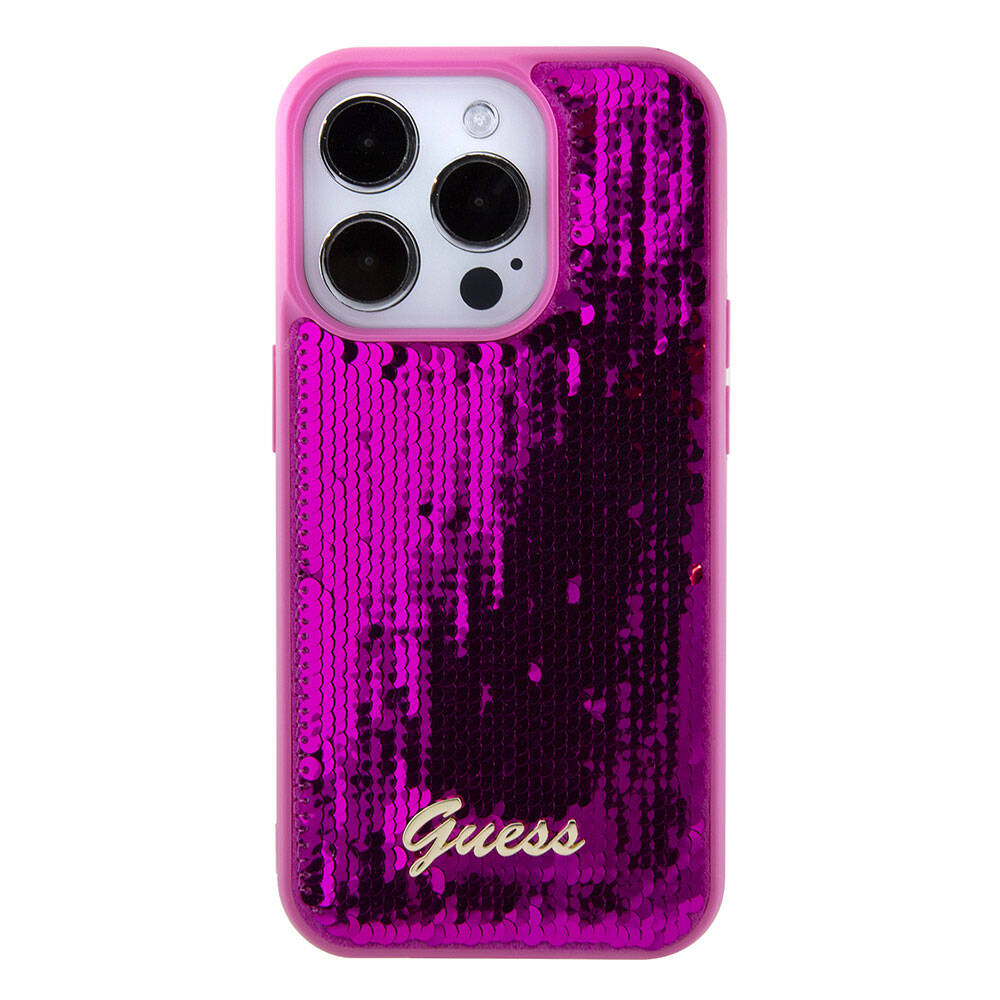 Apple iPhone 15 Pro Kılıf Guess Orjinal Lisanslı Pullu Arka Yüzey Metal Yazı Logolu Sequin Script Kapak Gümüş