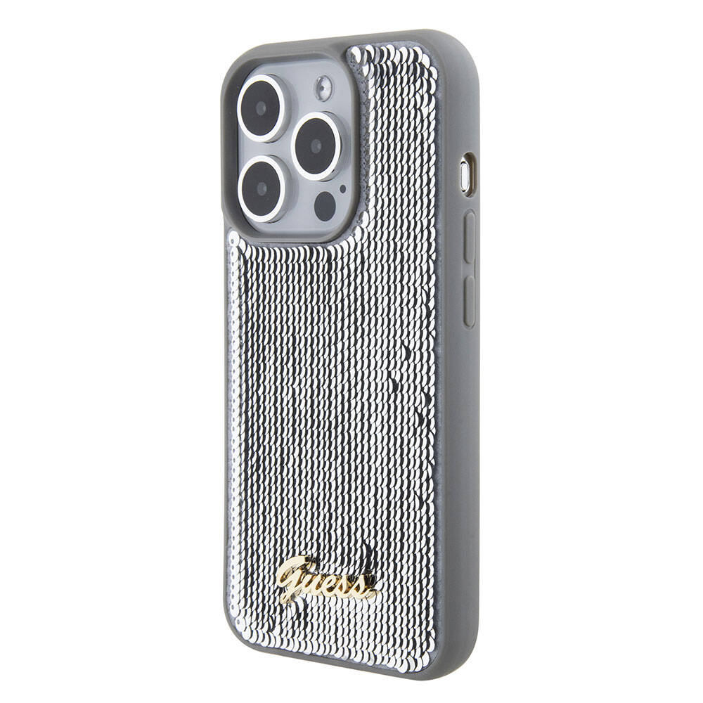 Apple iPhone 15 Pro Kılıf Guess Orjinal Lisanslı Pullu Arka Yüzey Metal Yazı Logolu Sequin Script Kapak Siyah