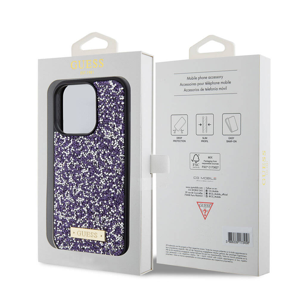 Apple iPhone 15 Pro Kılıf Guess Orjinal Lisanslı Taşlı Arka Yüzey Metal Yazı Logolu Kapak Pembe Açık