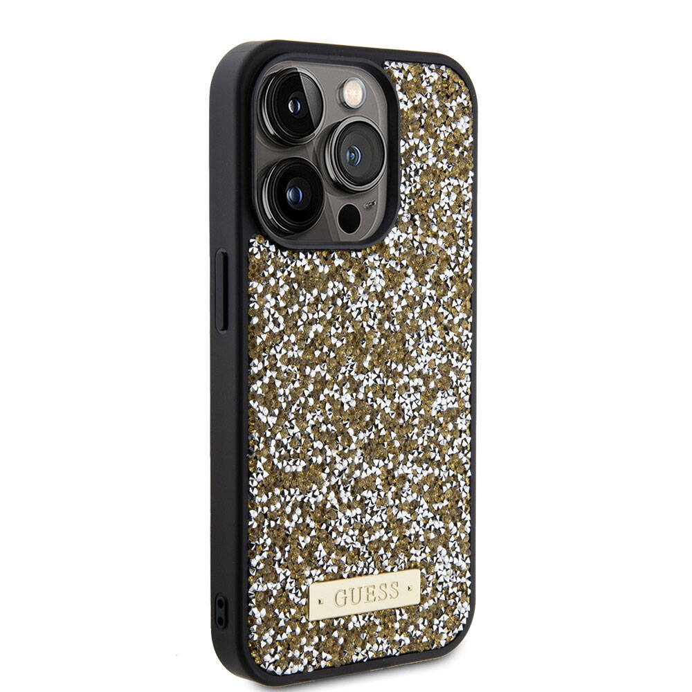 Apple iPhone 15 Pro Kılıf Guess Orjinal Lisanslı Taşlı Arka Yüzey Metal Yazı Logolu Kapak Sarı
