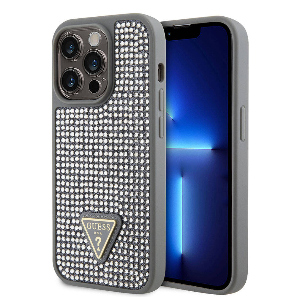 Apple iPhone 15 Pro Kılıf Guess Orjinal Lisanslı Taşlı Arka Yüzey Üçgen Logolu Kapak Gümüş