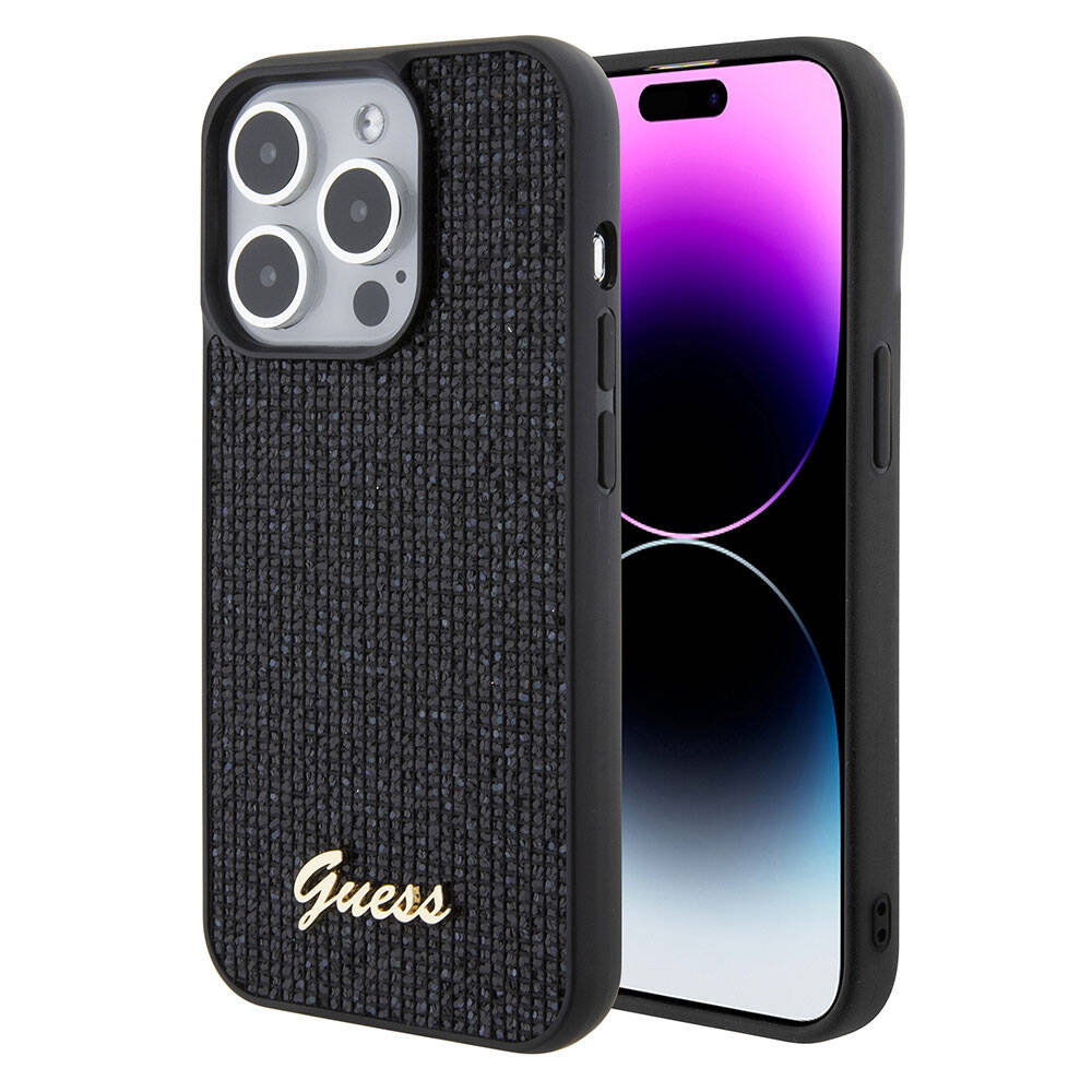 Apple iPhone 15 Pro Kılıf Guess Orjinal Lisanslı Yazı Logolu Disco Script Metal Kapak Siyah