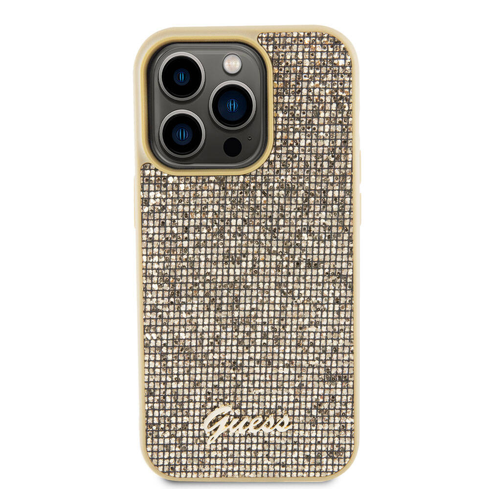Apple iPhone 15 Pro Kılıf Guess Orjinal Lisanslı Yazı Logolu Disco Script Metal Kapak Gold