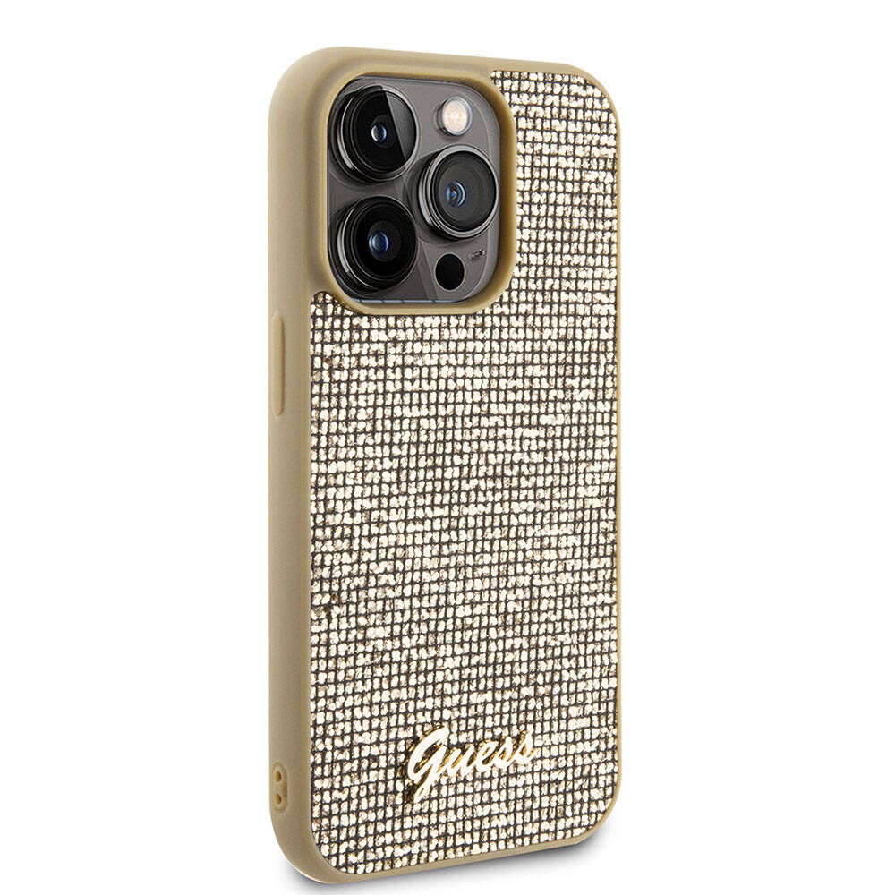 Apple iPhone 15 Pro Kılıf Guess Orjinal Lisanslı Yazı Logolu Disco Script Metal Kapak Gold