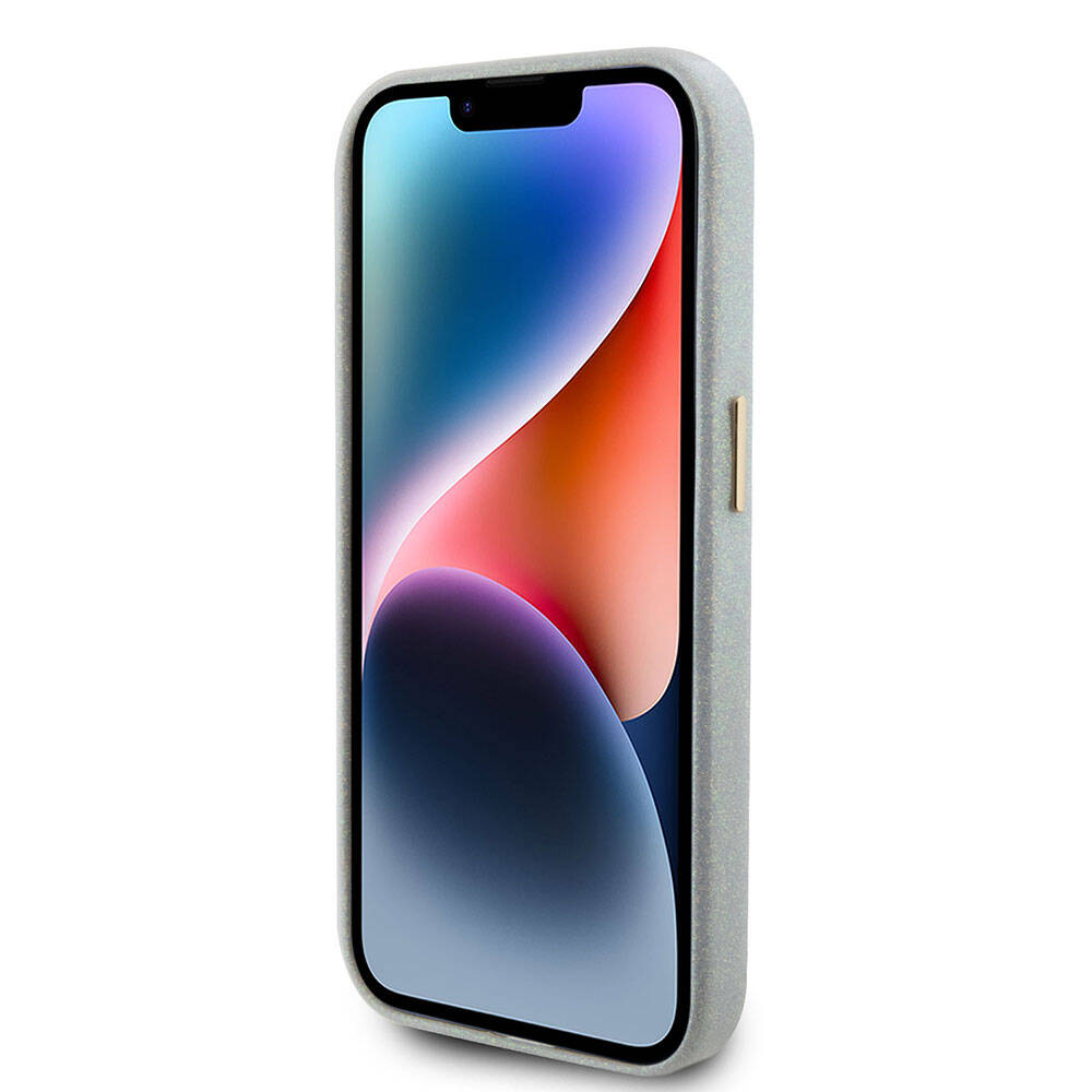 Apple iPhone 15 Pro Kılıf Guess Orjinal Lisanslı Yazı Logolu Glitter Glossy Script Kapak Gri