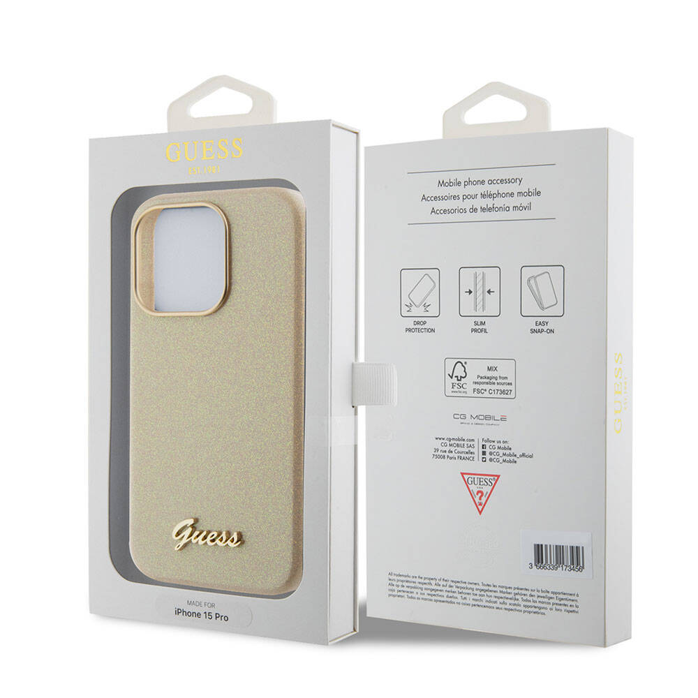 Apple iPhone 15 Pro Kılıf Guess Orjinal Lisanslı Yazı Logolu Glitter Glossy Script Kapak Gold