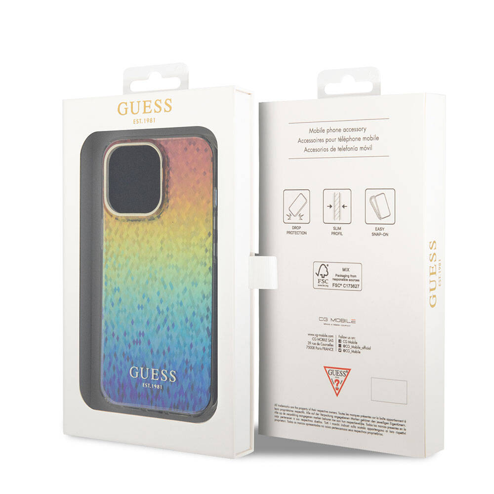 Apple iPhone 15 Pro Kılıf Guess Orjinal Lisanslı Yazı Logolu Mirror Disco Kapak Colorful