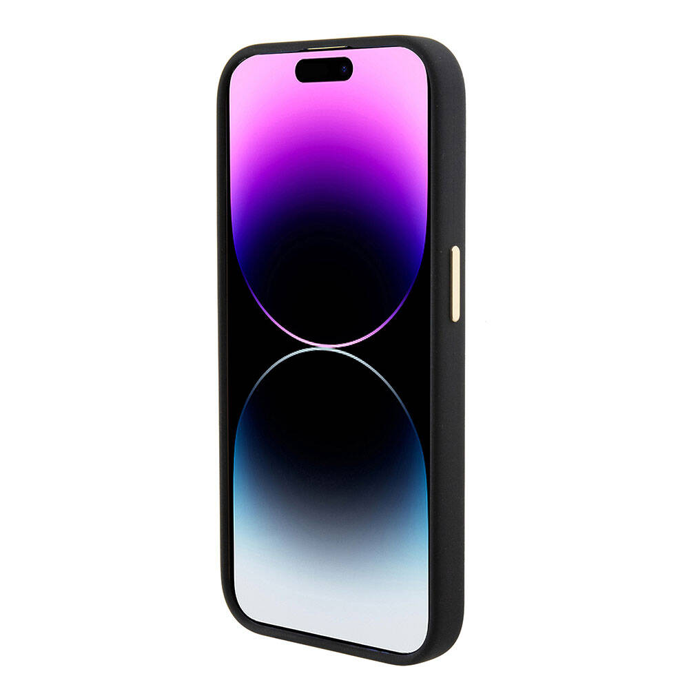 Apple iPhone 15 Pro Kılıf Guess Orjinal Lisanslı Yazı ve Taşlı 4G Logolu Metal Kamera Çerçeveli Silikon Kapak Siyah