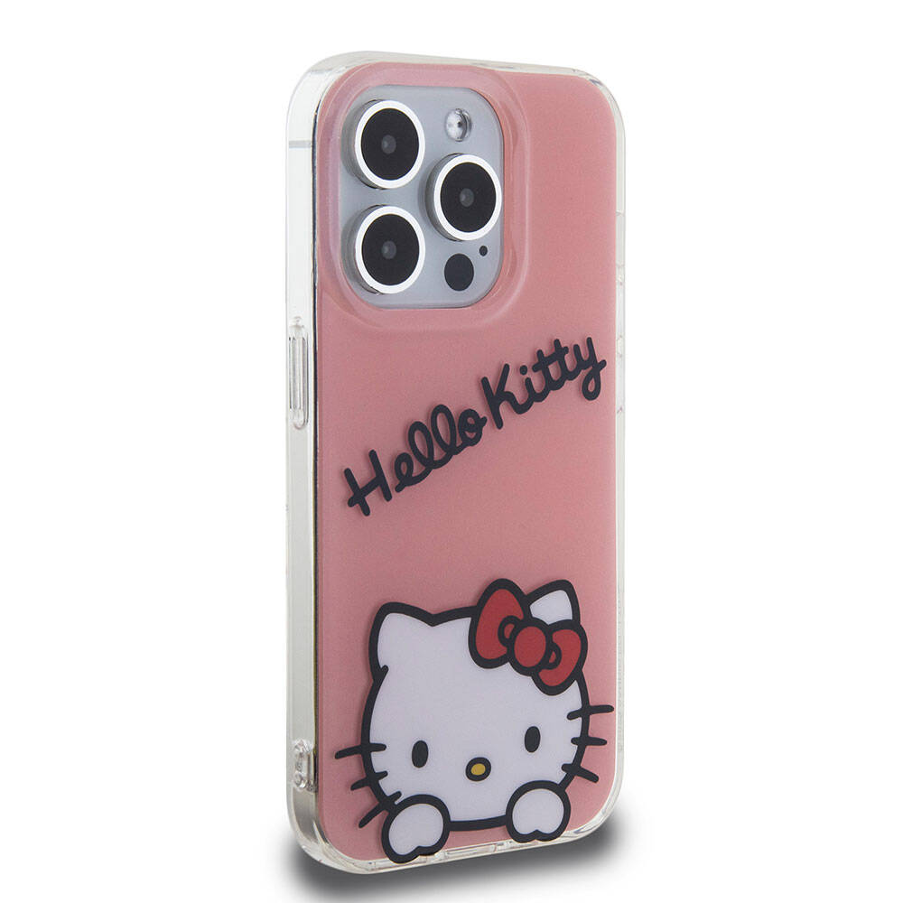 Apple iPhone 15 Pro Kılıf Hello Kitty Orjinal Lisanslı Askılı Yazı ve İkonik Logolu Daydreaming Kapak Pembe