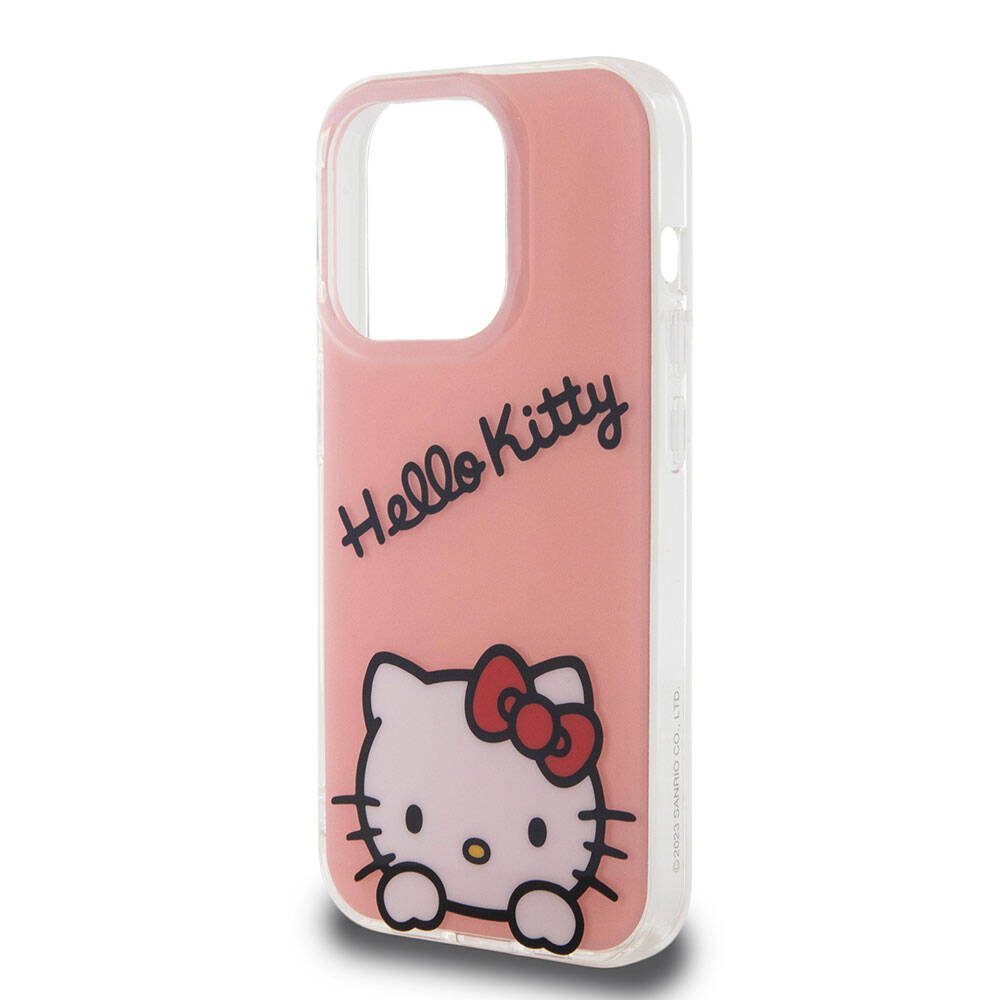 Apple iPhone 15 Pro Kılıf Hello Kitty Orjinal Lisanslı Askılı Yazı ve İkonik Logolu Daydreaming Kapak Pembe