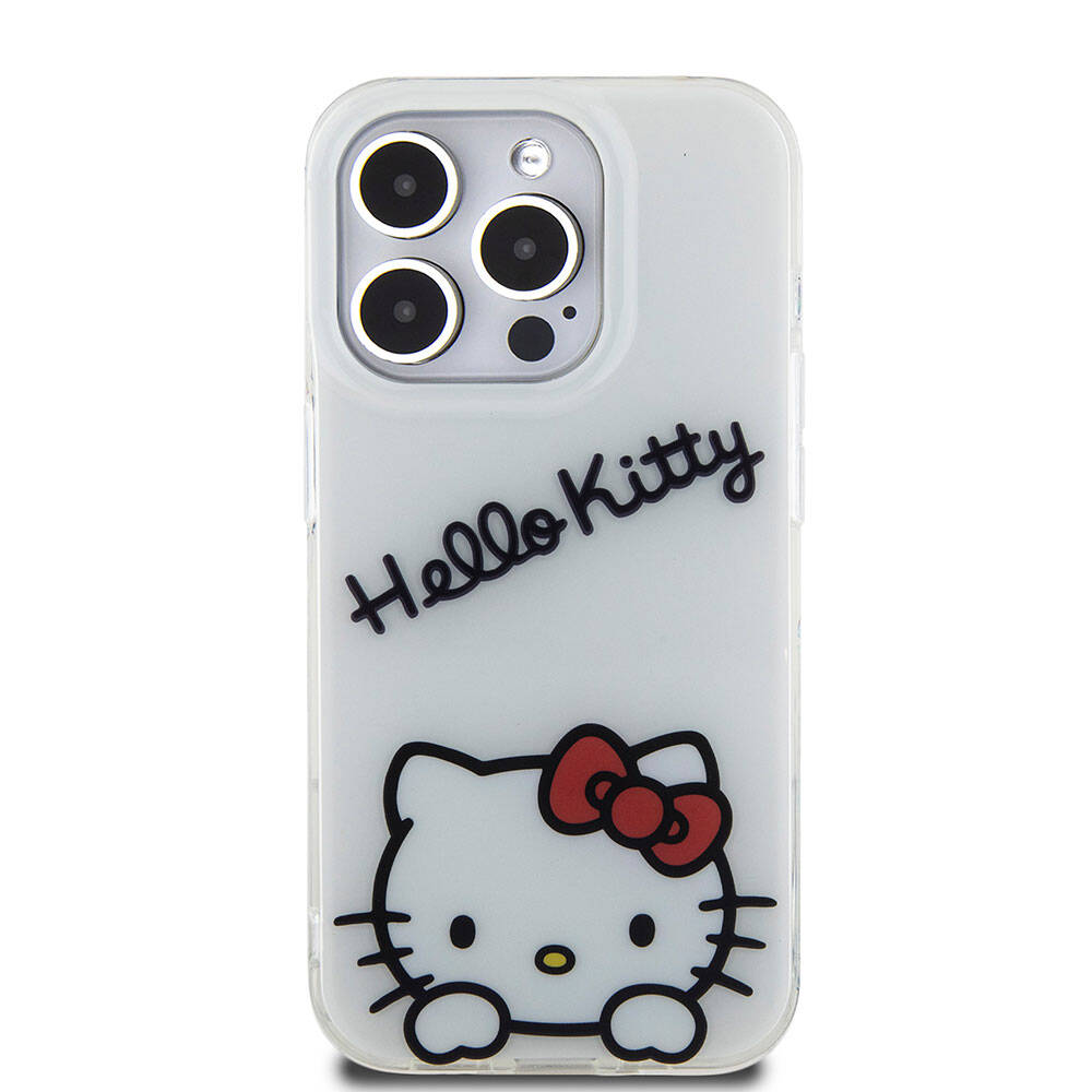 Apple iPhone 15 Pro Kılıf Hello Kitty Orjinal Lisanslı Askılı Yazı ve İkonik Logolu Daydreaming Kapak Beyaz