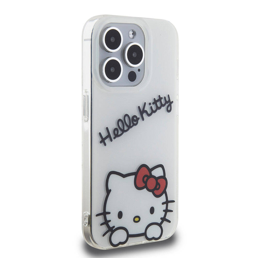 Apple iPhone 15 Pro Kılıf Hello Kitty Orjinal Lisanslı Askılı Yazı ve İkonik Logolu Daydreaming Kapak Beyaz