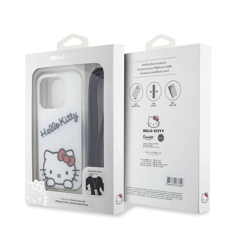 Apple iPhone 15 Pro Kılıf Hello Kitty Orjinal Lisanslı Askılı Yazı ve İkonik Logolu Daydreaming Kapak Pembe