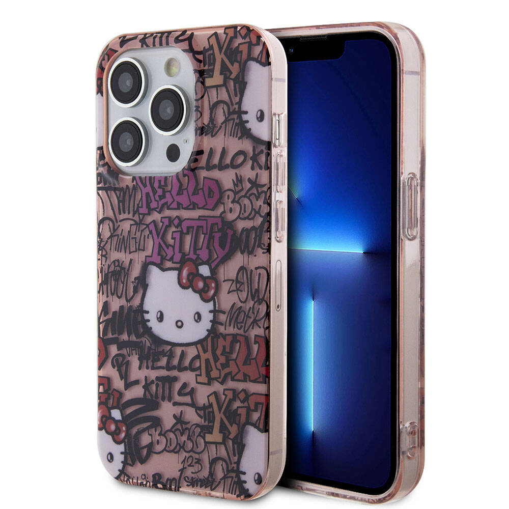 Apple iPhone 15 Pro Kılıf Hello Kitty Orjinal Lisanslı İkonik Logolu Etiket Graffiti Kapak Beyaz