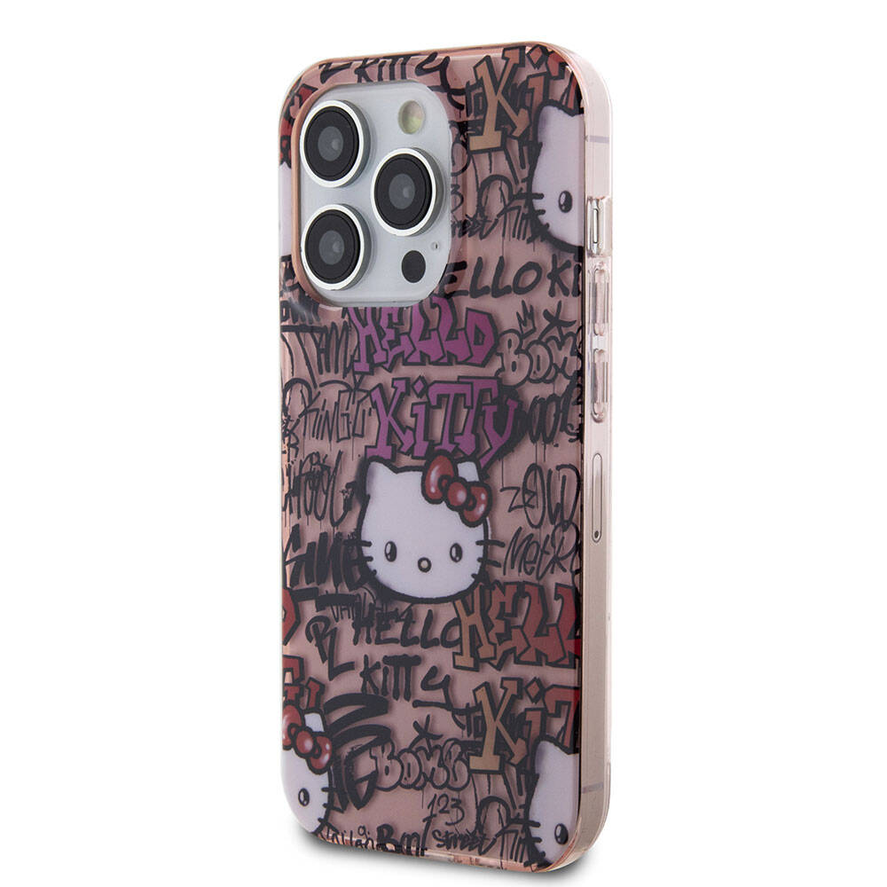 Apple iPhone 15 Pro Kılıf Hello Kitty Orjinal Lisanslı İkonik Logolu Etiket Graffiti Kapak Pembe