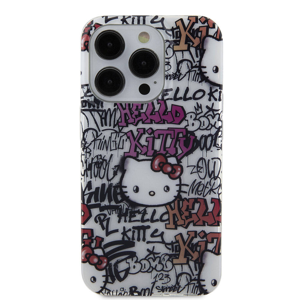 Apple iPhone 15 Pro Kılıf Hello Kitty Orjinal Lisanslı İkonik Logolu Etiket Graffiti Kapak Beyaz