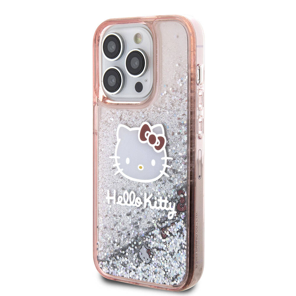 Apple iPhone 15 Pro Kılıf Hello Kitty Orjinal Lisanslı İkonik Sıvılı Glitter Kapak Pembe
