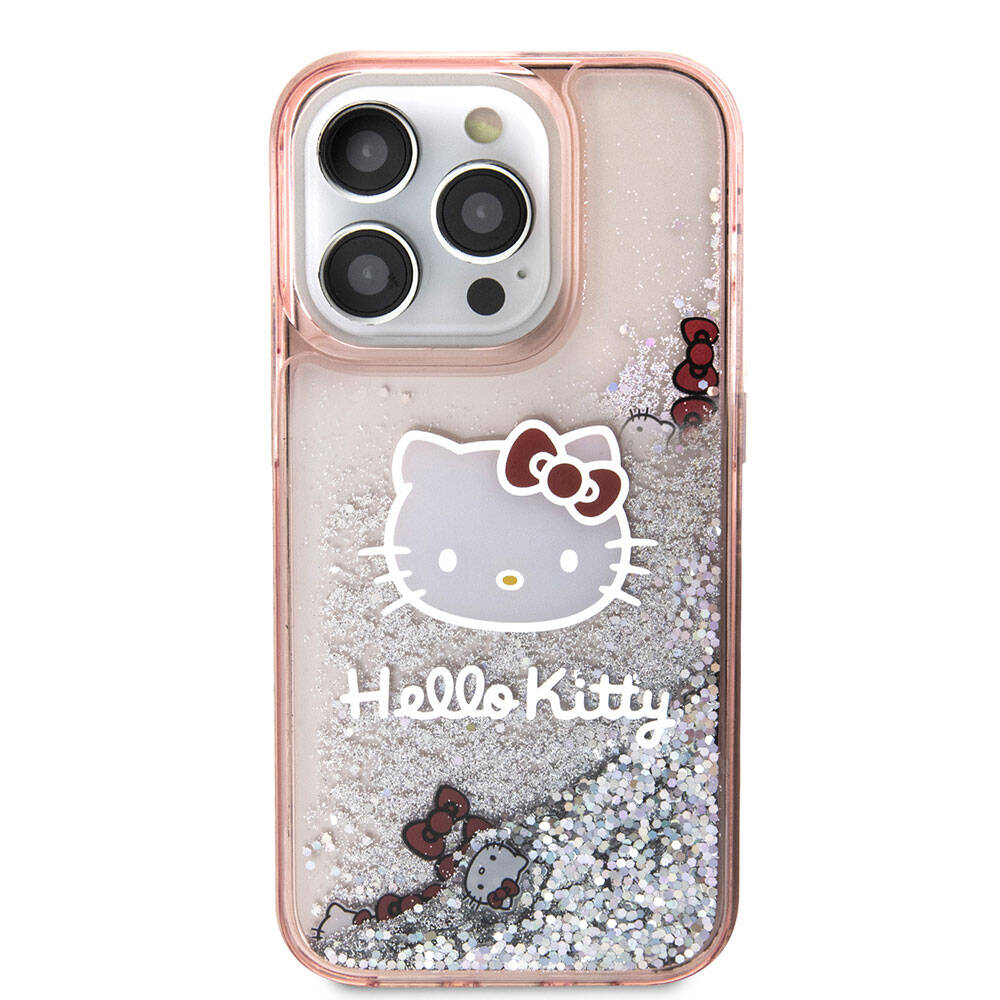 Apple iPhone 15 Pro Kılıf Hello Kitty Orjinal Lisanslı İkonik Sıvılı Glitter Kapak Pembe