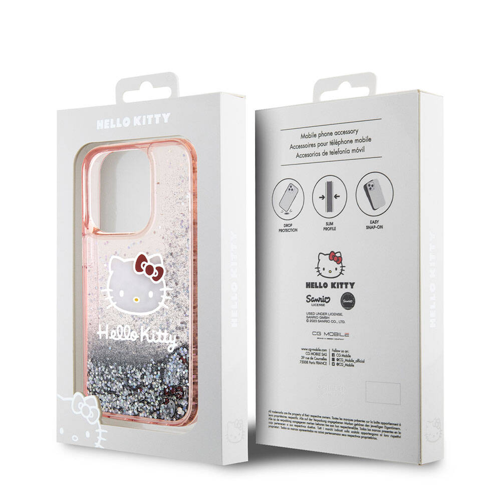 Apple iPhone 15 Pro Kılıf Hello Kitty Orjinal Lisanslı İkonik Sıvılı Glitter Kapak Renksiz