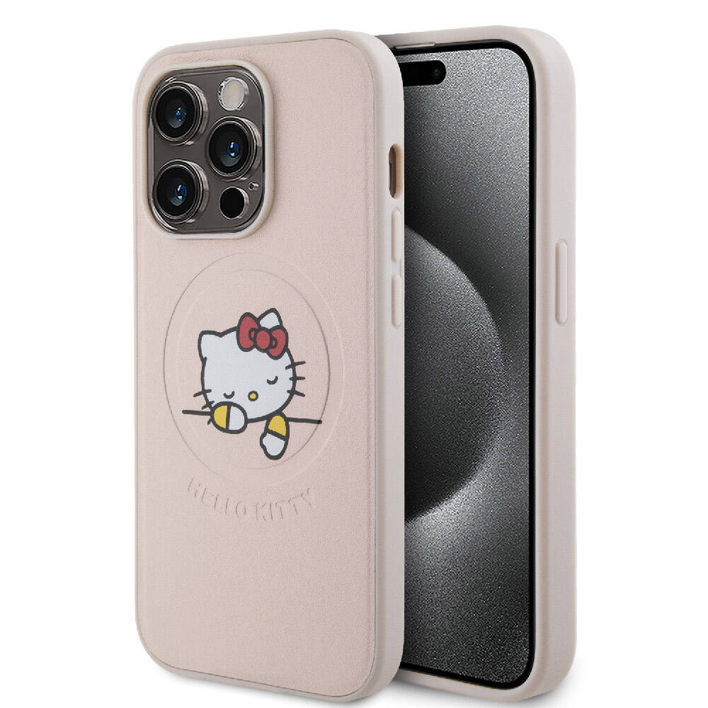 Apple iPhone 15 Pro Kılıf Hello Kitty Orjinal Lisanslı M-safe Şarj Özellikli Baskı Logolu Uyuyan Kitty Deri Kapak Gümüş