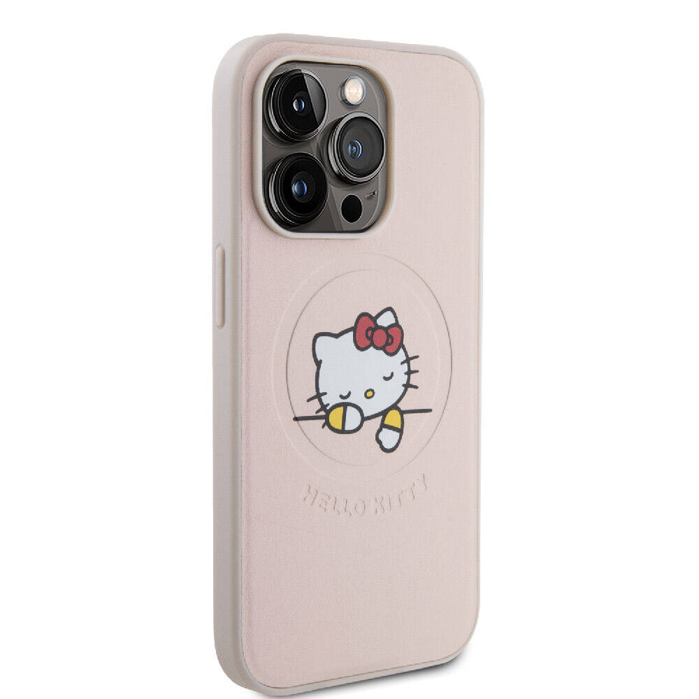 Apple iPhone 15 Pro Kılıf Hello Kitty Orjinal Lisanslı M-safe Şarj Özellikli Baskı Logolu Uyuyan Kitty Deri Kapak Gümüş