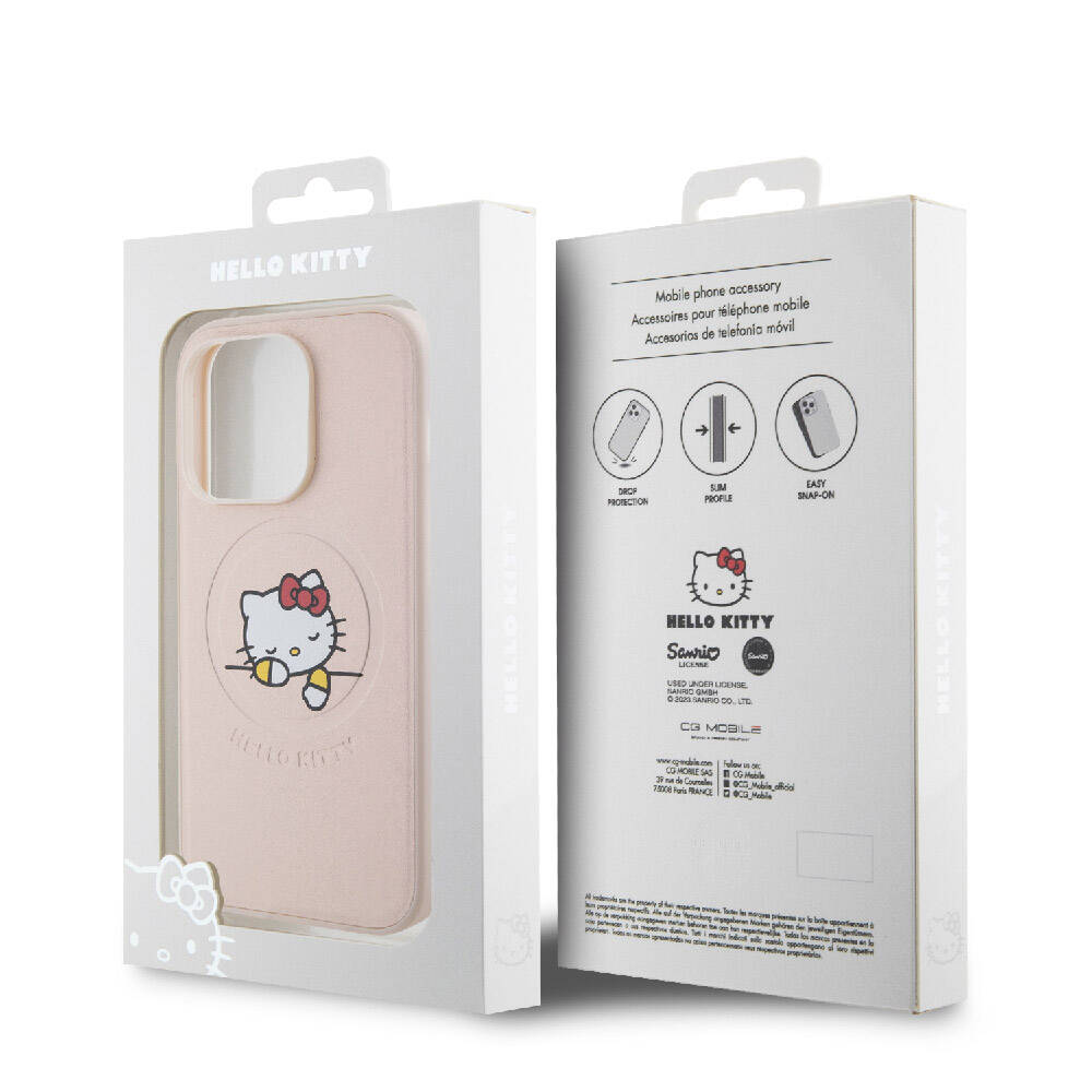 Apple iPhone 15 Pro Kılıf Hello Kitty Orjinal Lisanslı M-safe Şarj Özellikli Baskı Logolu Uyuyan Kitty Deri Kapak Pembe