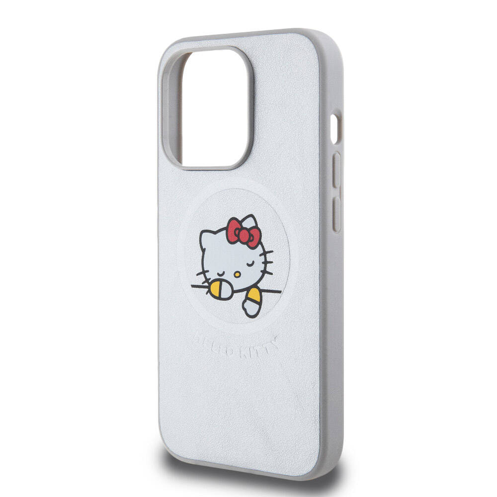 Apple iPhone 15 Pro Kılıf Hello Kitty Orjinal Lisanslı M-safe Şarj Özellikli Baskı Logolu Uyuyan Kitty Deri Kapak Gümüş