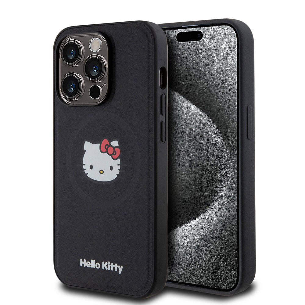 Apple iPhone 15 Pro Kılıf Hello Kitty Orjinal Lisanslı M-safe Şarj Özellikli Kitty Head Deri Kapak Siyah
