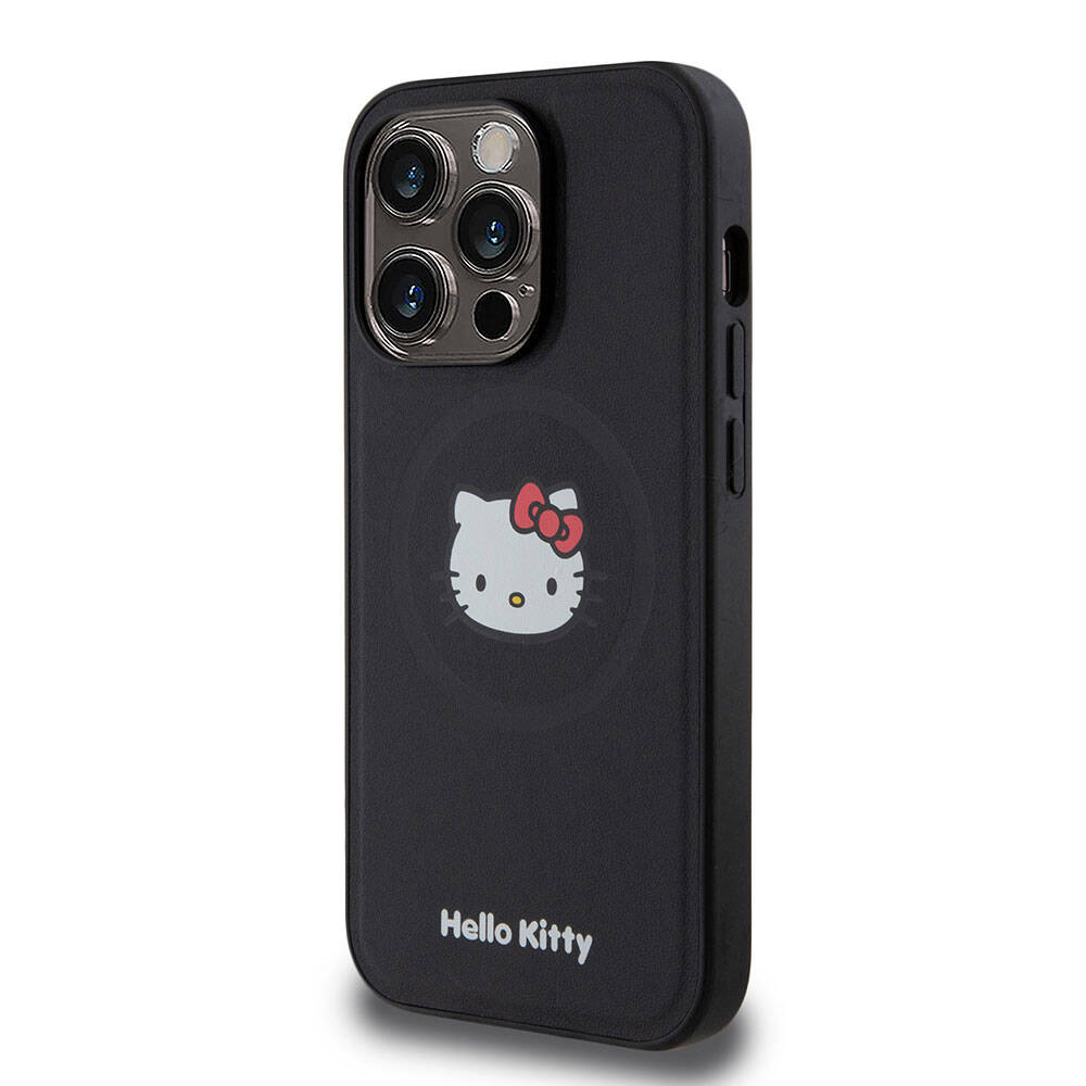 Apple iPhone 15 Pro Kılıf Hello Kitty Orjinal Lisanslı M-safe Şarj Özellikli Kitty Head Deri Kapak Gold
