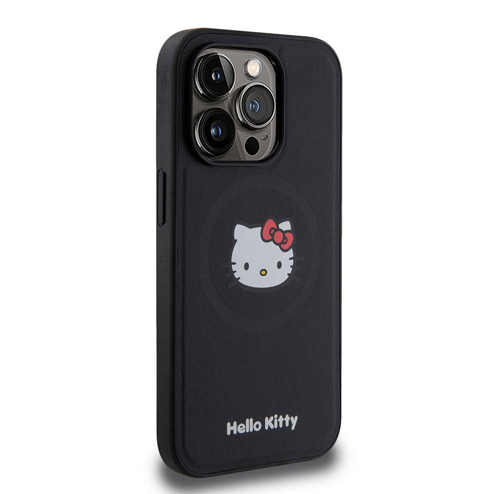 Apple iPhone 15 Pro Kılıf Hello Kitty Orjinal Lisanslı M-safe Şarj Özellikli Kitty Head Deri Kapak Siyah